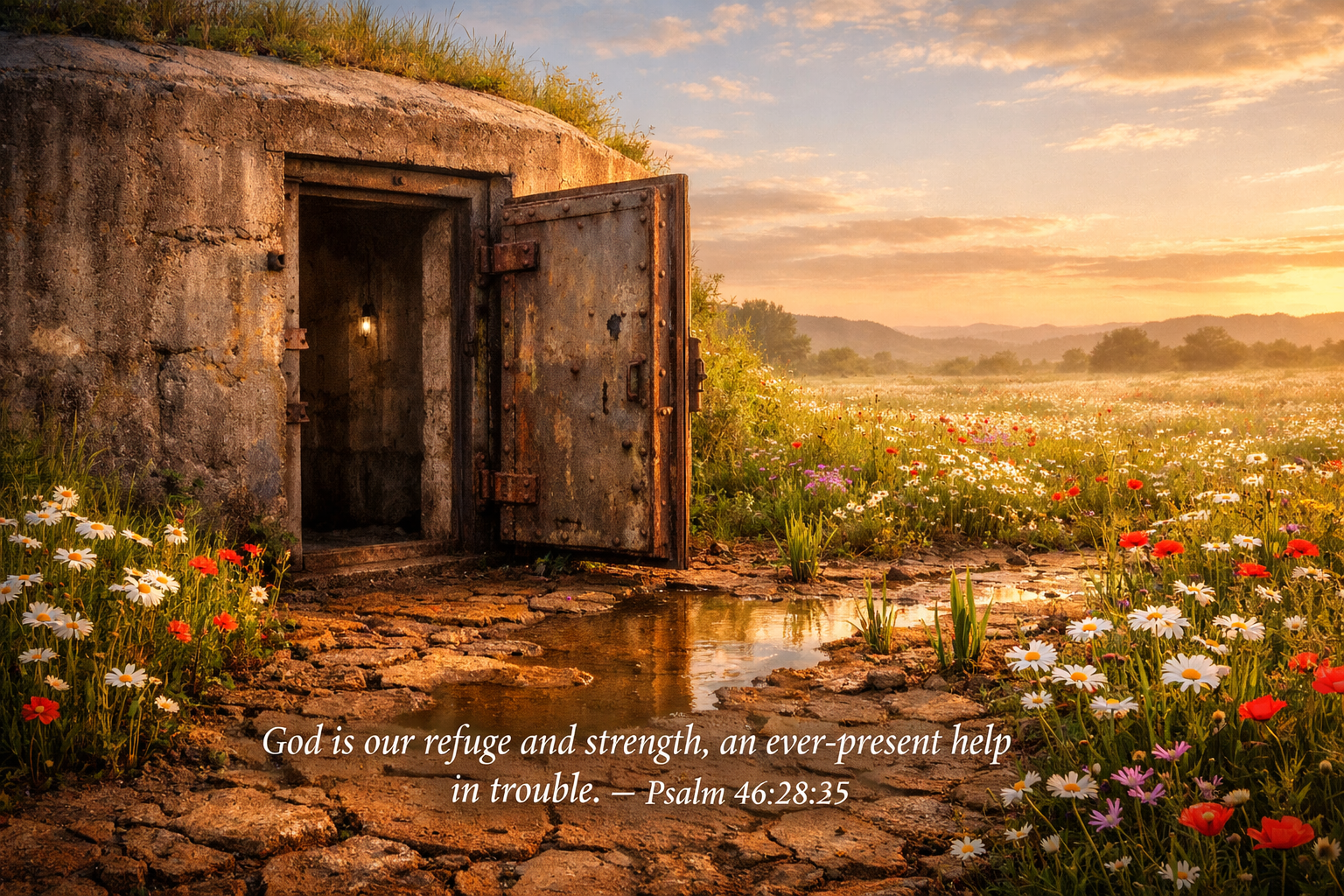 Bible verse wallpaper Psalm 46:1 with stone bunker door standing open in field of wildflowers built for war surrounded by peace